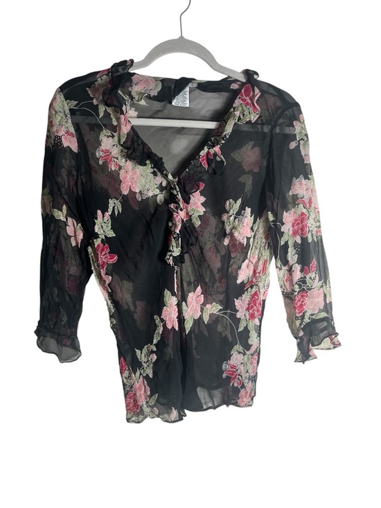 Ice Tops - Vintage Y2K Silk Sheer Floral Blouse Black Pink Romantic Tie Front Size L